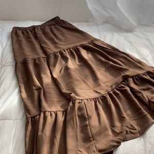 Brown elastic waist ruffle hem tiered long skirt
